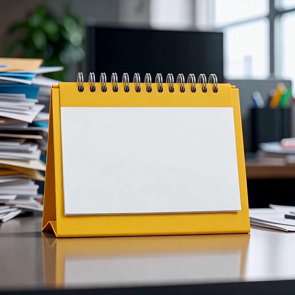 Prompt: A clean, minimalist looping animation.

A yellow desktop calendar sits on a desk. The background contains office clutter but is heavily blurred with shallow depth of field. The camera is locked straight on with no movement.

The calendar pages are completely blank, with no text, numbers, or markings.

The top page lifts slightly and then slides diagonally upward and out of frame in one smooth, controlled motion, as if gently pushed away.

The motion is deliberate and graphic, not fluttering, not chaotic, not realistic wind physics.

A new blank page is already visible underneath and remains perfectly still.

No bending, no rippling, no folding, no tearing, no fluttering.

After a brief pause, the animation resets seamlessly for a loop.

Flat lighting, neutral tone, no logos, no people, no extra motion.