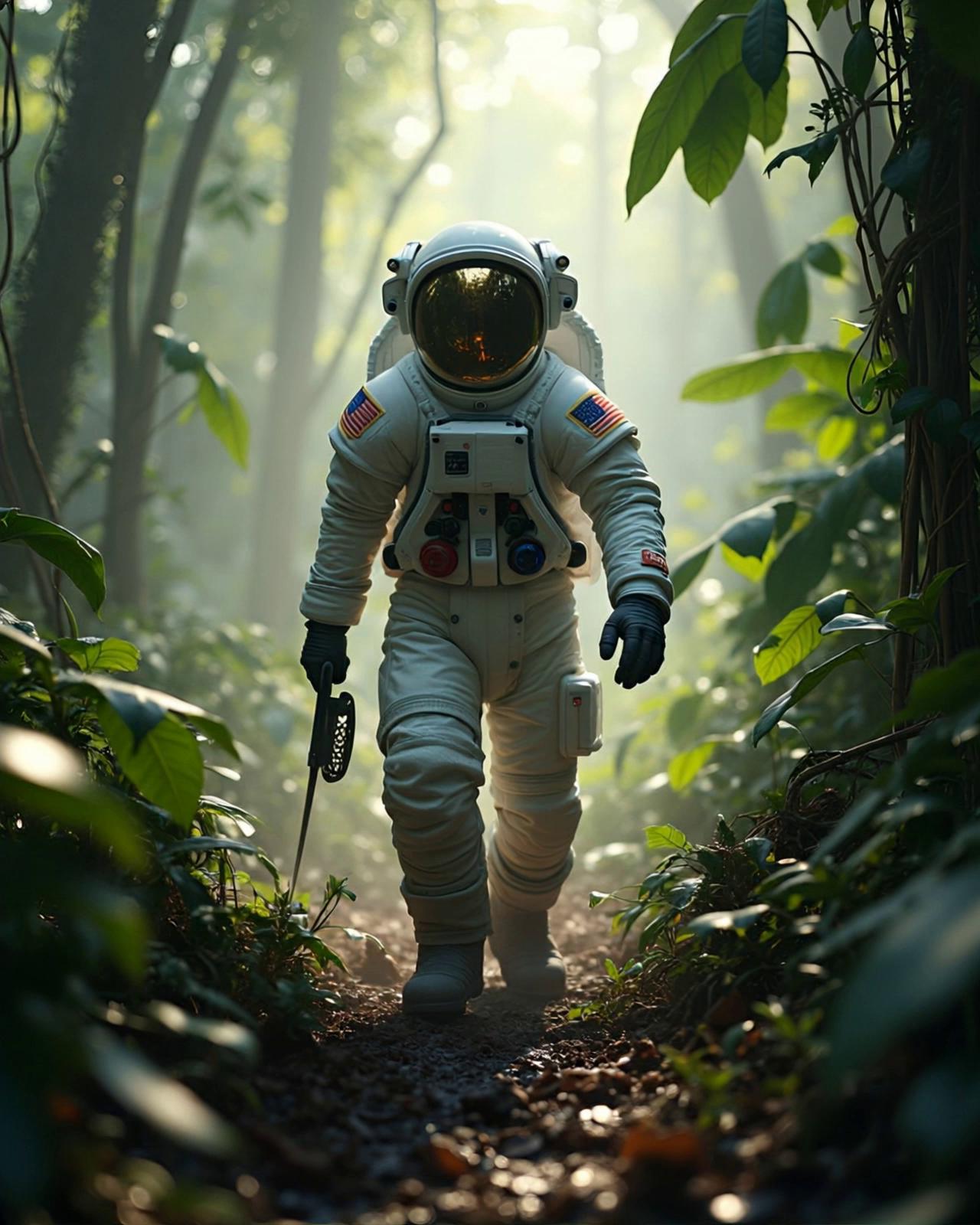 Prompt: Camera Movement: Start static, matching the source image. Initiate a **smooth forward dolly movement** (speed: slow to moderate, matching astronaut's pace) that follows slightly behind and to one side of the astronaut. The camera MUST maintain a consistent distance and follow the astronaut as they walk steadily forward down the path for the full 8 seconds. The low angle is preserved.
Subject Action: Astronaut walks forward at a **consistent, determined pace**. Realistic walking animation with body weight shifts and leg movement appropriate for the suit. Tool is held purposefully. Head oriented forward.
Lighting Changes: Astronaut moves through shifting patches of dappled sunlight and shadow. Light glints off the helmet and suit surfaces dynamically as they move relative to the light filtering through trees.
Environmental Effects: Camera moves past foreground foliage. Astronaut's feet make clear contact with the path, disturbing small amounts of dirt/leaves. Background shows parallax relative to the walking astronaut and moving camera. Mist swirls.
Sound/Ambience Suggestions: Muffled footsteps have a slightly closer feel due to camera position. Steady suit breathing. Rich jungle ambient sounds provide environment context.