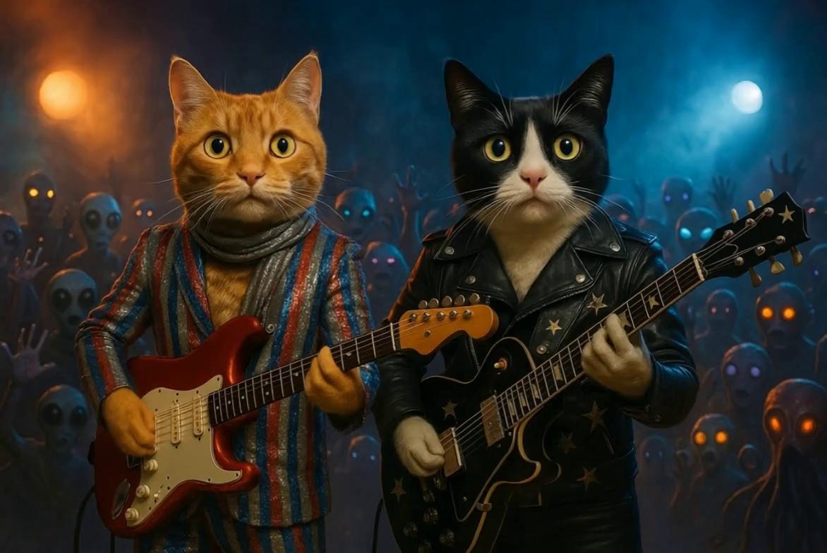 Prompt: Ziggy star cat and Lolo star cat perform a heavy metal in intergalactic rock song for an audience of aliens that are cheering in the background.
