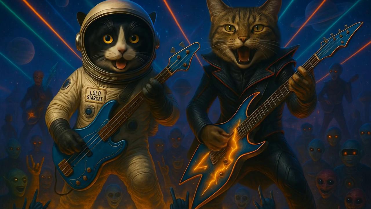 Prompt: Ziggy Stark cat and his brother Lolo star cat perform a rock song about their space, cat adventures, and their love for cosmic catnip. 