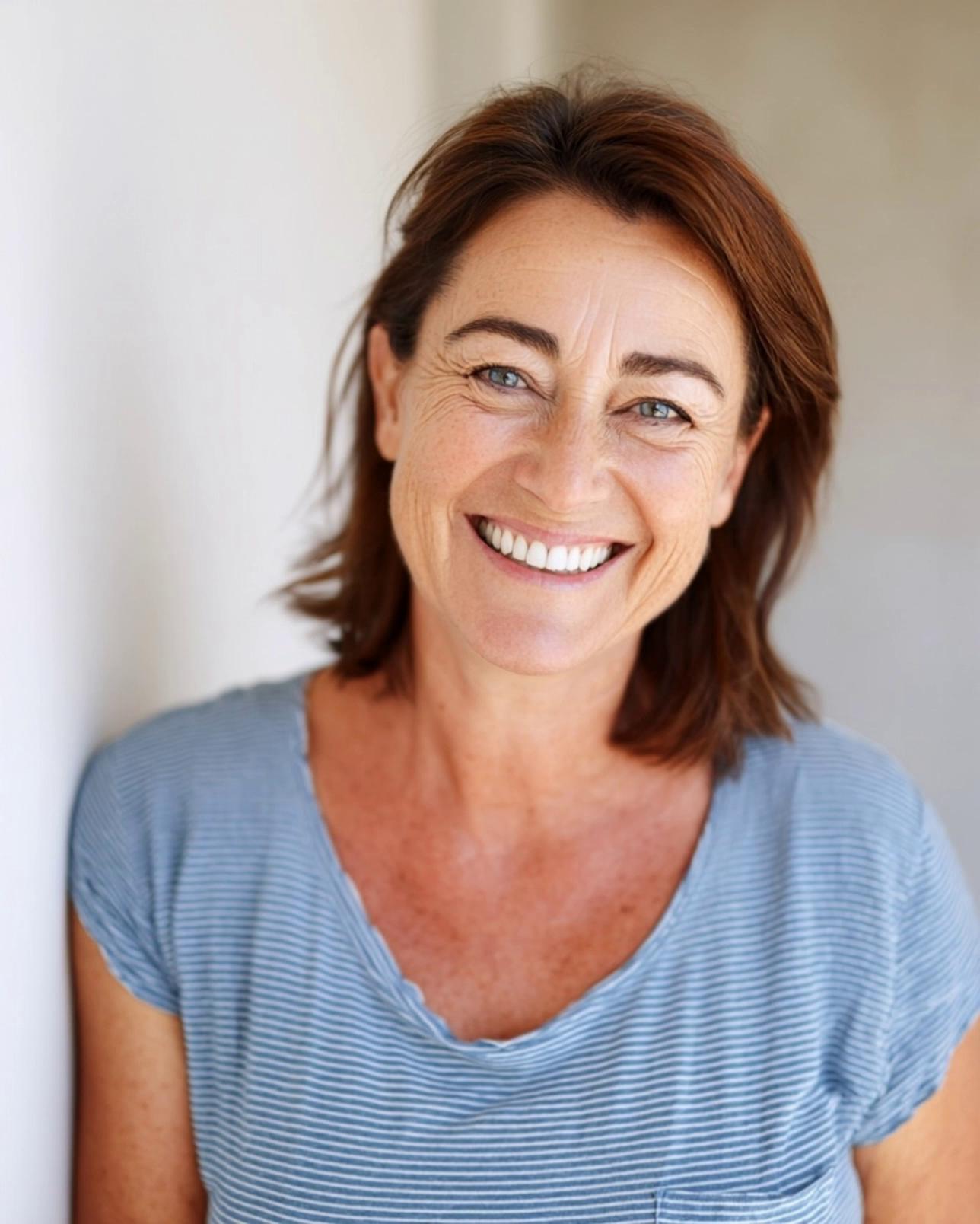 Prompt: Video animation of the original woman from the uploaded photo, keeping her facial features 100% identical. She begins to slowly smile with a natural, relaxed, satisfied expression, as if she just received new, beautiful teeth. Scene takes place inside a bright, modern dental clinic with clean white tones and soft medical lighting. The woman is wearing a white shirt with a stylish rock-style collar. Very subtle, realistic facial motion, natural micro-expressions, no distortion of the face. High-quality, photorealistic video.”