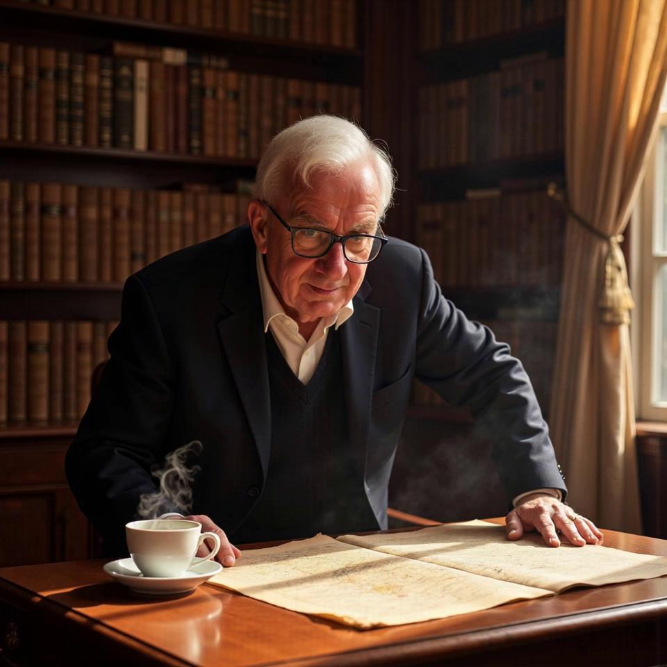 Prompt: @4wDKdxfGitUOl9qzKHFr An older man with glasses, embodying wisdom and experience, stands in a cozy, warmly lit study filled with bookshelves lined with leather-bound volumes. Sunlight filters through a nearby window, casting gentle shadows across the room. He is seated at a wooden desk, leaning slightly forward, with a thoughtful expression as he examines an old, weathered map spread out before him. The atmosphere is intimate and inviting, with a faint aroma of aged paper and polished wood. A steaming cup of tea rests beside him, adding to the serene ambiance. The camera angle captures him in a mid-shot, highlighting his focused gaze and the intricate details of the map.