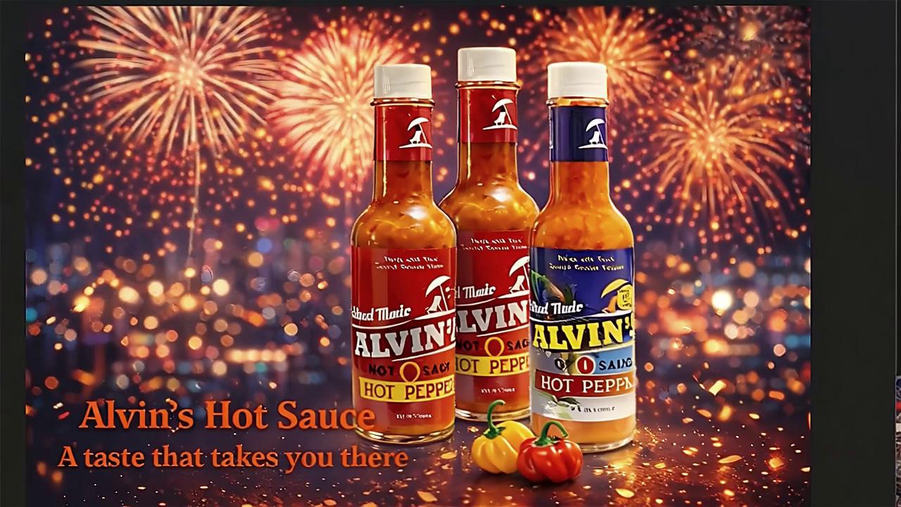Prompt: A dark, elegant New Year’s night setting glows with distant fireworks and warm golden bokeh. Three bottles of Alvin’s Hot Sauce stand in a bold triangular formation on a glossy reflective surface. The scene is alive with subtle motion.

Fireworks pulse softly in the background, their light washing over the bottles in rhythmic flashes. Fine golden confetti drifts and spins naturally through the air. Tiny condensation droplets slowly form and slide down the glass bottles, catching the light.

At the base, fresh hot peppers gently roll and settle as if nudged by a soft vibration from the fireworks. Wisps of steam rise subtly around the bottles, hinting at heat and flavor without overpowering the frame.

The camera performs a slow, confident push-in toward the center bottle. As it reaches the hero frame, the fireworks intensify for a final burst, reflections ripple across the surface, and everything settles into a powerful, celebratory stillness.

No dialogue. No added text. The energy speaks visually.
