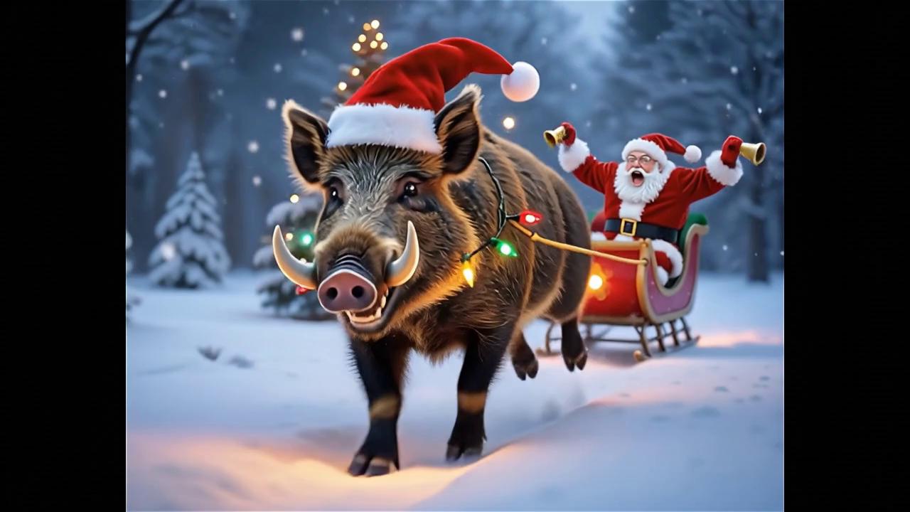 Prompt: In a whimsical winter wonderland, a boar wears a Santa hat, its bright red color contrasting with the fluffy white snow. Brightly colored Christmas lights hang from its massive tusks, twinkling playfully as it gallops quickly through the peaceful landscape, pulling Santa's sleigh behind it. The scene is filled with the cheerful sound of bells as Santa's sleigh glides through the gentle snowfall, dancing in the crisp, cold air. Santa yells, barely holding on in the sleigh. The whole atmosphere radiates a magical, joyful spirit, perfect for a holiday setting, reminiscent of a vivid, realistic illustration.
