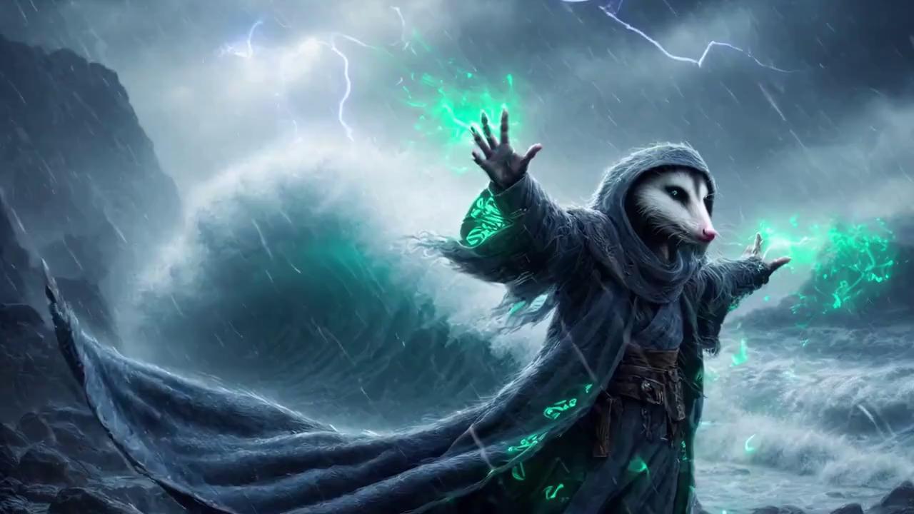 Prompt: A cinematic shot of Mordrat the Grey Wizard Opossum standing on a stormy shore, arms raised toward a massive crashing wave, lightning striking all around. His robe flaps wildly in the wind as glowing runes and sparks of green magic swirl through the storm. The ocean roars behind him, illuminated by flashes of light. Epic fantasy atmosphere, ultra-realistic lighting, dramatic camera sweep, slow-motion rain and thunder effects, 4K quality, intense and heroic tone.
