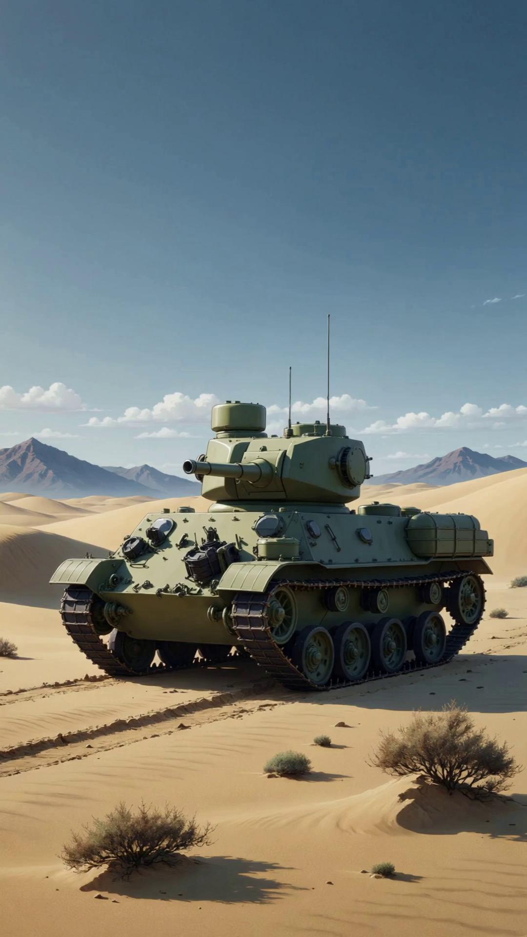 Prompt: A battle tank explodes because of landmine in the desert. The scene is rendered in 1980s Japanese anime style, with dramatic lighting, hand-drawn motion lines, soft film grain, and a tense, cinematic atmosphere