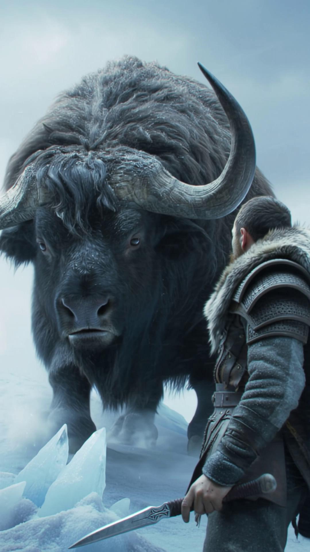 Prompt: A brave lone warrior standing on a frozen ice mountain, facing a massive 1,000 kg wild buffalo, icy wind blowing snow across the scene, the man holding a narrow handcrafted weapon, intense eye contact, dramatic slow motion, cinematic lighting, cold blue tones, powerful tension, realistic physics, epic fantasy realism, vertical 9:16, 6 seconds