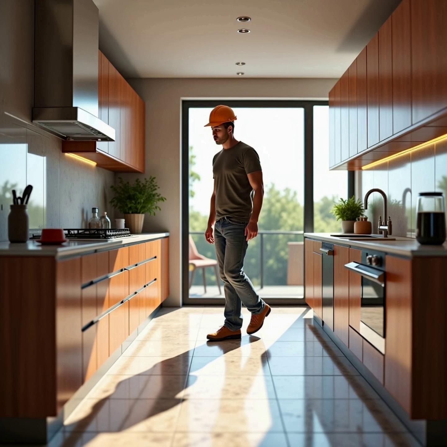 Prompt: In an upscale, beautifully remodeled kitchen bathed in soft, warm lighting, two young men in their 40s lean intently over a pristine marble island, absorbing the intricate blueprints spread before them. The man in his 40s, distinguished with a gray beard and a fit frame, stands at the helm, his backwards baseball cap casting a playful shadow across his focused expression. He holds a pencil poised above the paper, marking key details with enthusiasm, while the others exchange ideas, their faces illuminated by the gentle glint of polished chrome appliances. Sunlight filters through large windows, casting soft patterns on the floor, enhancing the inviting ambiance of creative collaboration in a space that feels both luxurious and alive. The scene could evoke a photorealistic style, capturing the warmth and detail of this vibrant moment.