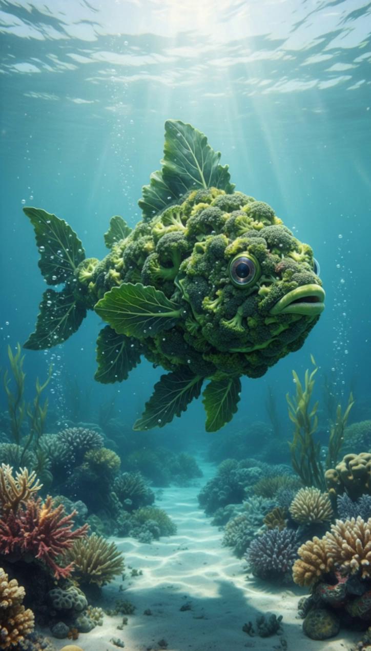 Prompt: A surreal hybrid fish made of broccoli swims gracefully underwater through soft sunlight beams, surrounded by bubbles and waving sea plants, hyper-realistic cinematic style.