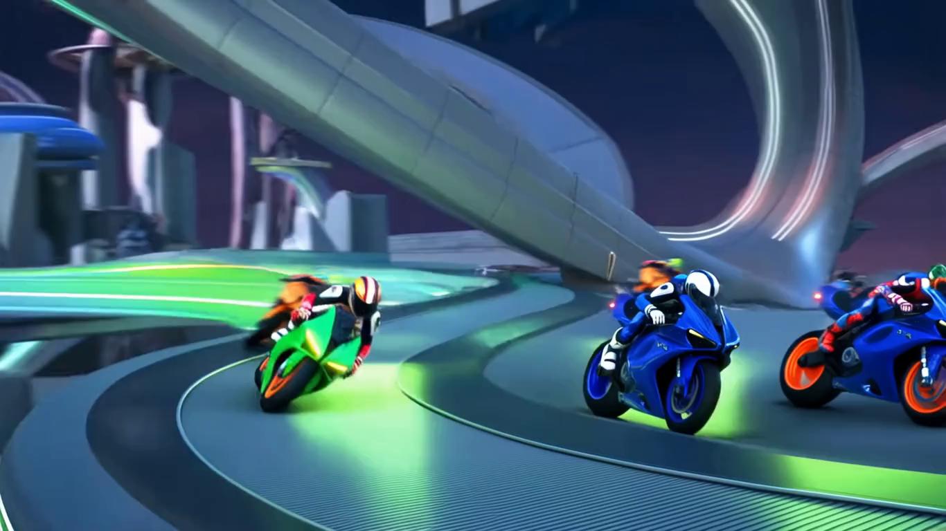 Prompt: an animation of bright collored motorcycles in a race over various obstacles