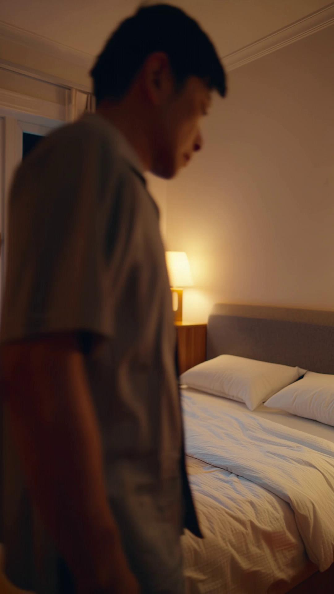 Prompt: a man in his 30s married walks into his bedroom to go to bed where his wife sits angry looking at him.   The family dog while carrying a red bag in his mouth passes by him and jumps into the bed and lays the gift in front of wife.   then the dog lays in husband spot in bed.   