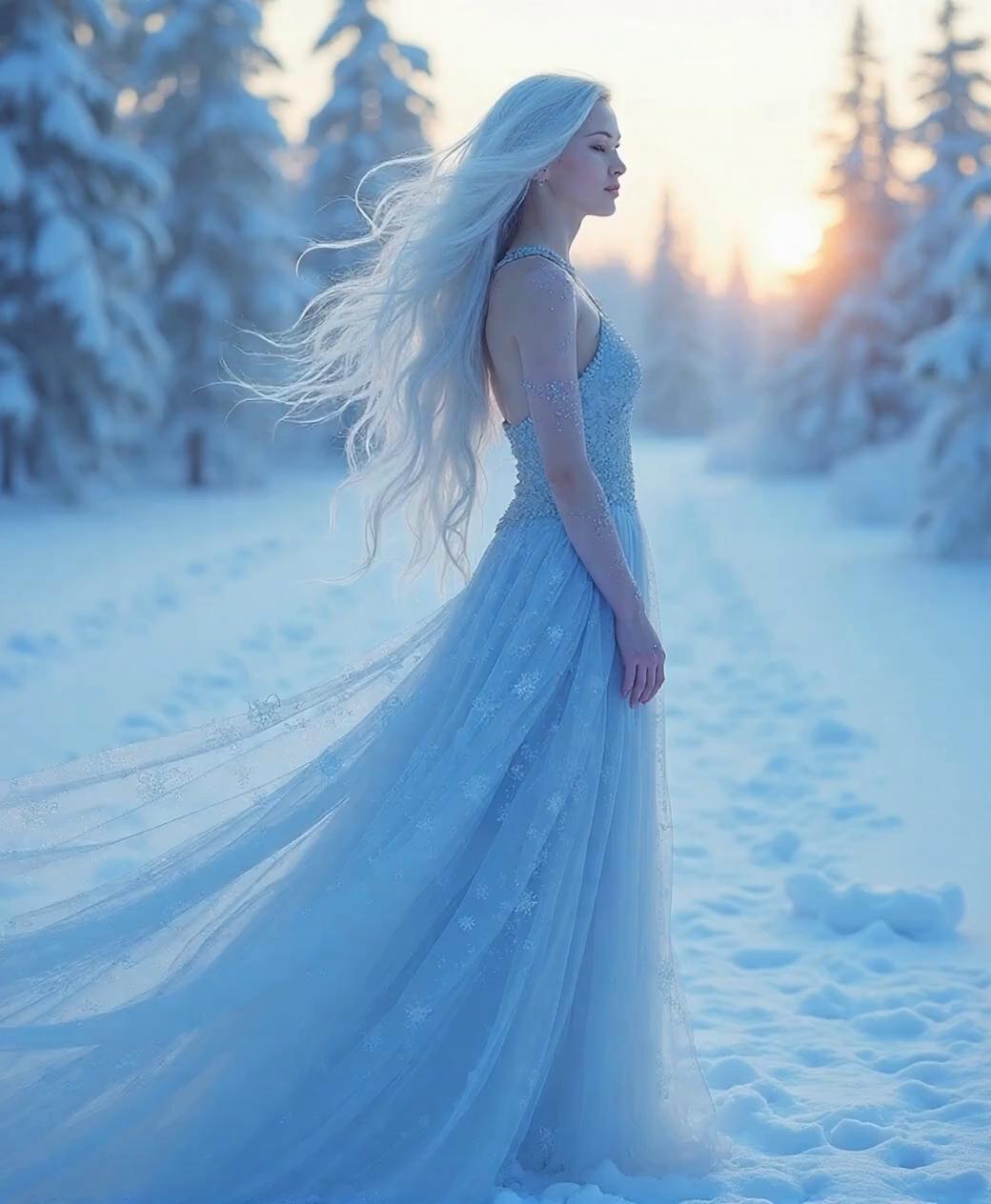 Prompt: hair and dress blowing in the snow storm