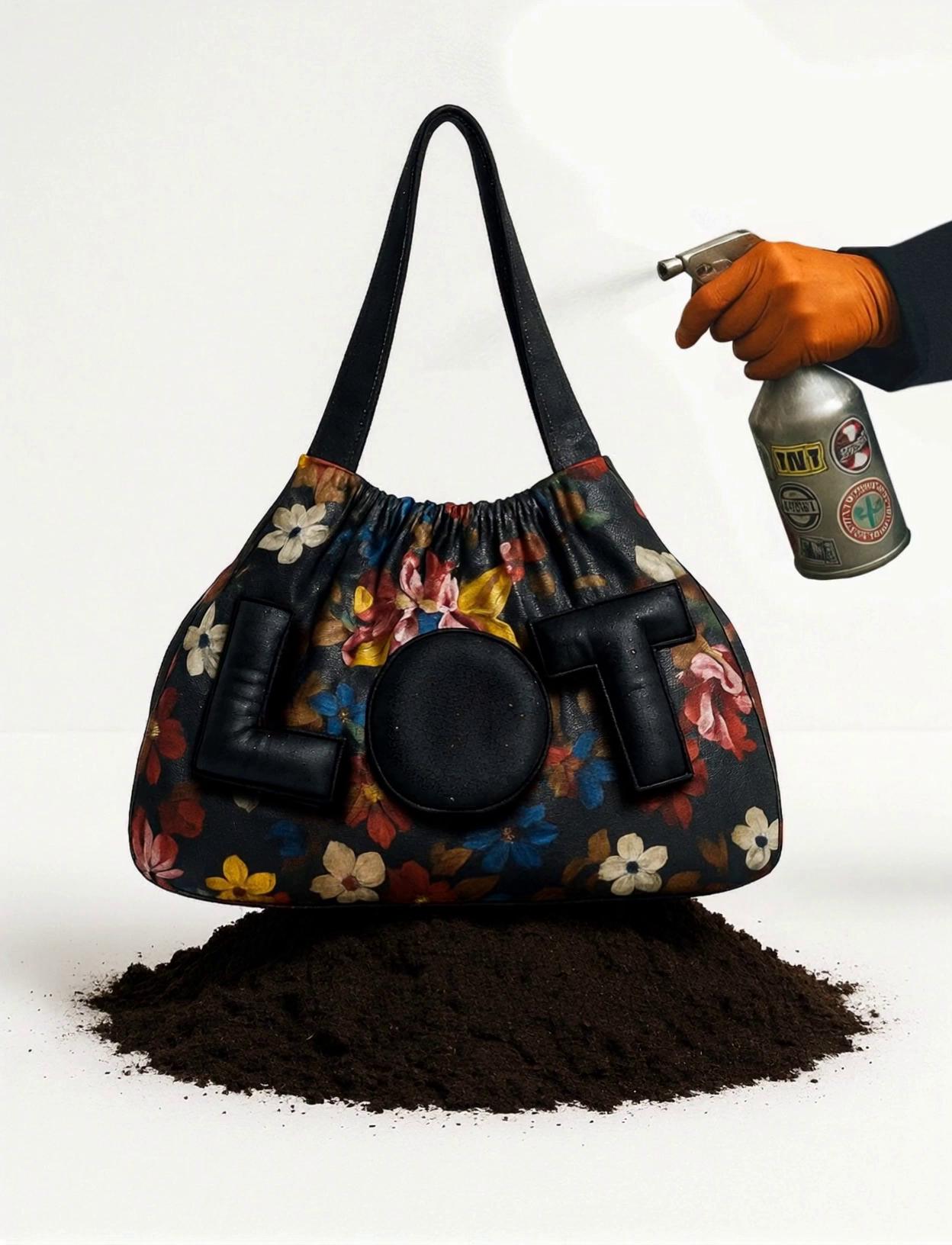 Prompt: n a white studio, a floral camouflage LOT bag sits on soil. Water sprays gently from a silver sprayer covered in vintage skateboard stickers. As the camera pans, a hooded Nosferatu-like figure with glowing red eyes and dark wings crouches beside the bag, silently watering it. The cameraman jolts—he’s been there all along.