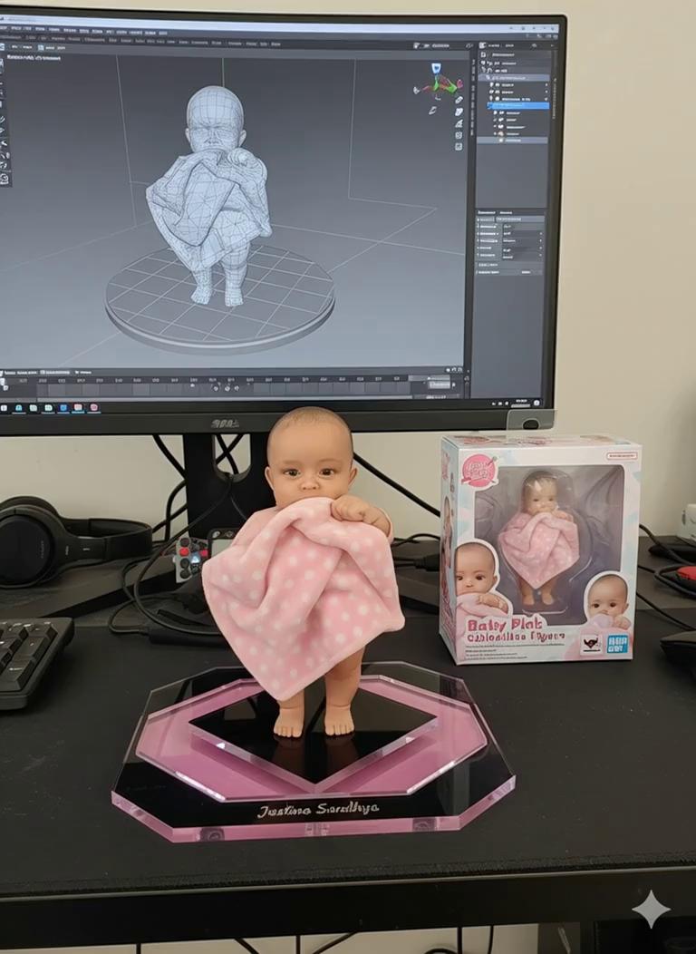 Prompt: A baby wearing pink blanked crying around in circles and the baby smiles while waving her hand facing forward.