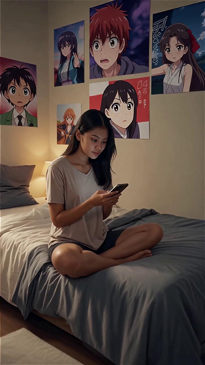Prompt: "Video Prompt:  
In a softly lit bedroom during early morning light, a young Indonesian woman sits cross-legged on her bed, surrounded by anime posters. The camera uses a slow handheld dolly-in to capture her thoughtful expression as she scrolls through her phone, stopping at stills of anime characters with exaggerated features. She gently places the phone down, stands in front of a full-length mirror, and examines her reflection — real, natural, human. The emotional tone is introspective yet hopeful. Ambient sounds include distant birdsong, a soft breeze through a nearby window, and reflective voiceover in a calm Bahasa Indonesia tone.

“All narration, dialogue, and ambient sounds are in Bahasa Indonesia, while the visuals authentically reflect the article’s original people, culture, and setting.”"