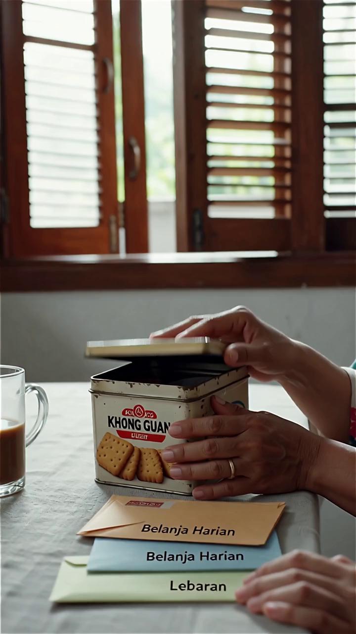 Prompt: "Video Prompt:  
In a quiet Bandung home, morning light filters softly through wooden shutters onto a humble dining table. A middle-aged Indonesian mother in a floral daster sits calmly, opening a worn Khong Guan biscuit tin. Her hands neatly sort labeled envelopes: “Belanja Harian,” “Tabungan,” “Lebaran.” Her grown daughter observes her in admiration, the moment rich with nostalgia and quiet wisdom. The camera slowly pans from the envelopes to their serene faces, capturing warmth and generational connection. The ambient audio in Bahasa Indonesia includes subtle household sounds — clinking spoon on a glass of kopi tubruk, soft morning chatter, and a heartfelt Indonesian voiceover reflecting on intentional living."