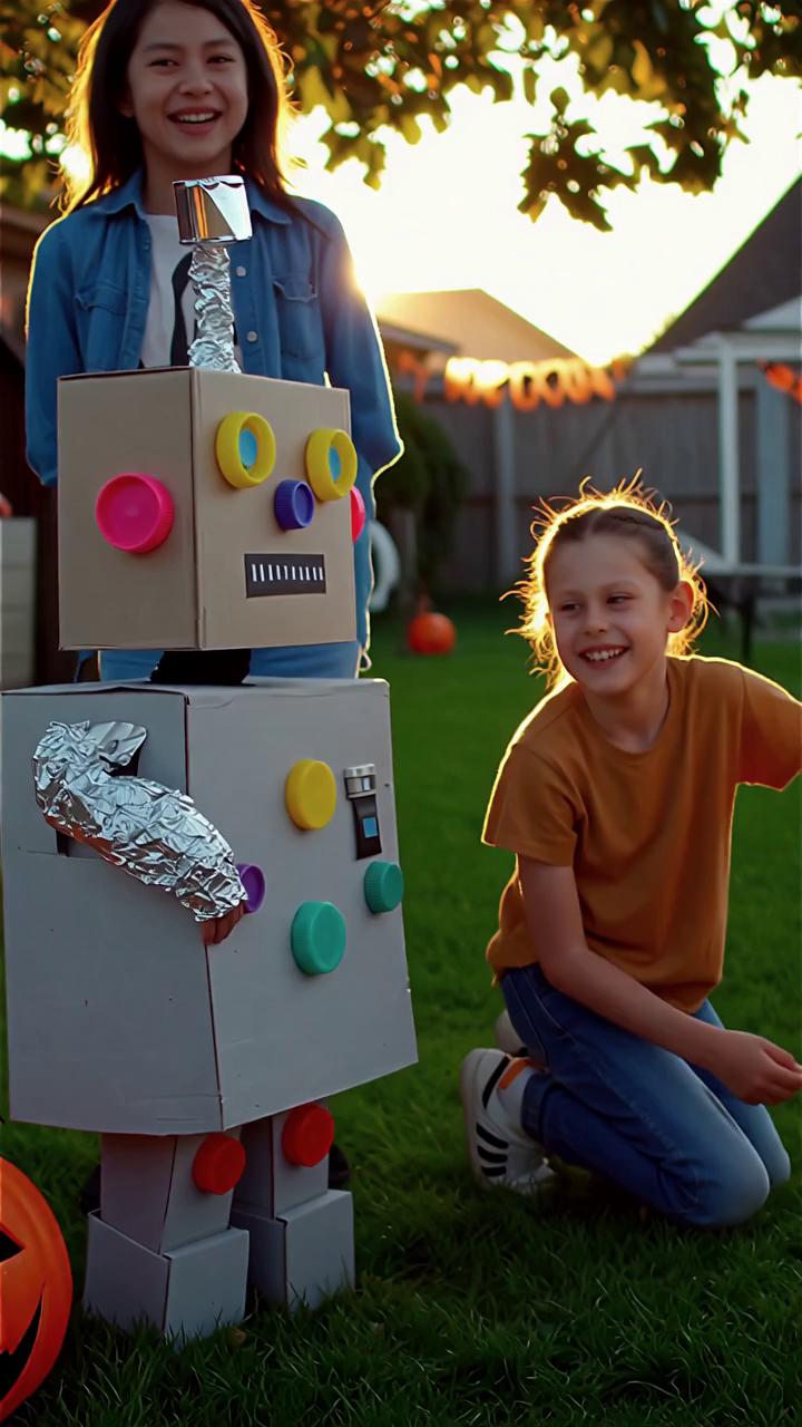 Prompt: In soft golden hour light, the camera glides slowly through a cozy suburban backyard in the late 1980s. Children in vintage, homemade robot costumes—crafted from cardboard boxes wrapped in tin foil and adorned with colorful bottle caps—laugh and pose proudly next to their parents. One child adjusts a blinking LED taped to their chest as a mother kneels to straighten the foil “antenna.” The warm sun bathes everyone in a nostalgic glow as an older voice (VO) reflects on the joy of creating something handmade from scratch. Ambient sounds include birds chirping, soft laughter, and distant Halloween music echoing from a tape player. Camera moves with a gentle, slow pan, evoking warmth and pride.  

“All narration, dialogue, and ambient sounds are in Bahasa Indonesia, while the visuals authentically reflect the article’s original people, culture, and setting.”"