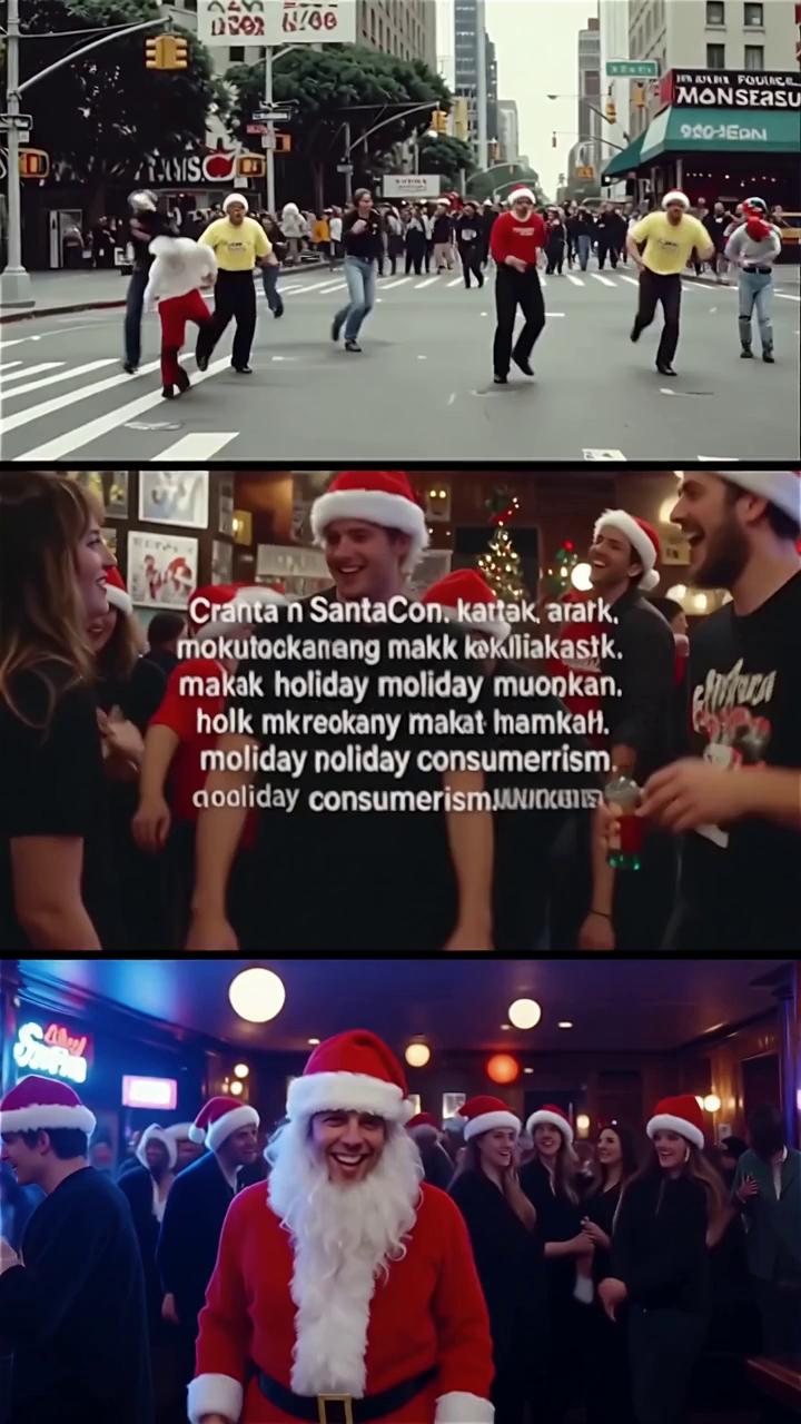 Prompt: "Create a dynamic, documentary-style video showing the evolution of SantaCon. Start with 1990s street footage from San Francisco, portraying it as a wild, artistic prank mocking holiday consumerism. Transition to scenes of people dressed as Santa pouring into crowded bars, dancing, and laughing. Show diverse global locations—New York, London, Tokyo—filled with festive Santas enjoying the event. Include realistic textures, cinematic lighting, and smooth transitions from archival-style footage to modern high-energy party shots. Add Indonesian audio narration explaining the quirky origins, global spread, and joyful atmosphere, with background sound effects of crowds, music, and holiday cheer."