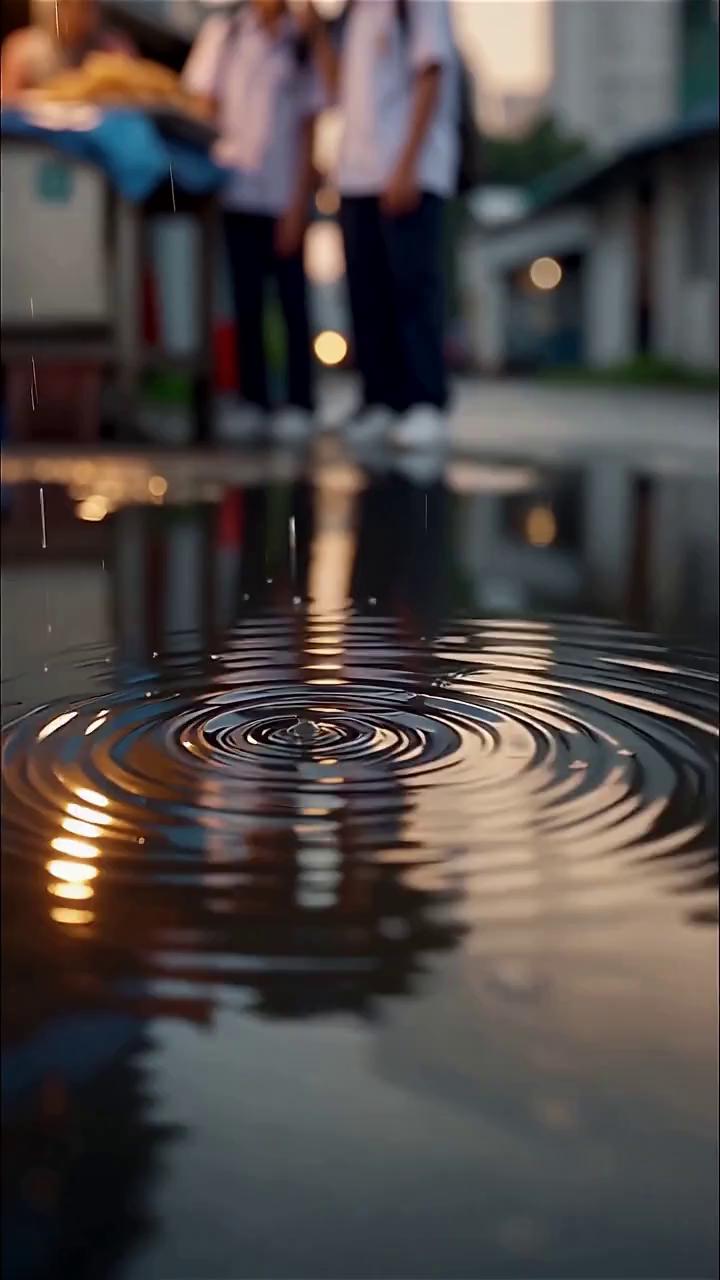 Prompt: "Video Prompt:
A vertical 9:16 cinematic scene opens during golden hour under a graying Jakarta sky, soft rain falling over a small warung nestled in a quiet Tebet alley. The camera slowly pans handheld from water rippling in a puddle to a group of high school students laughing under a shared umbrella, then to an ibu-ibu gently rearranging her gorengan under a tarp. In the foreground, a young man — no phone in hand — stands still, gazing softly at the rain. The mood is warm, reflective. Ambient audio in Bahasa Indonesia captures the gentle rain, distant traffic, and subtle chatter. Indonesian voiceover invites viewers to feel hadir dalam diam, embracing stillness in a city that rarely pauses."