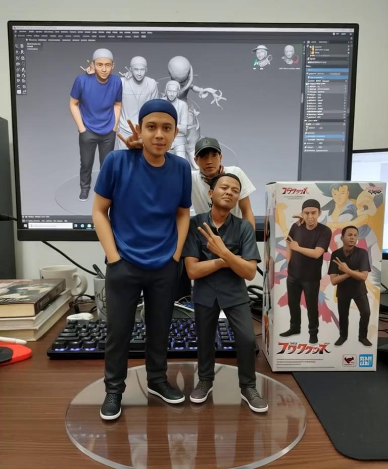 Prompt: Ini promt nya ya👉There are two hands lifting the statue while turning it left and right after putting it back down.