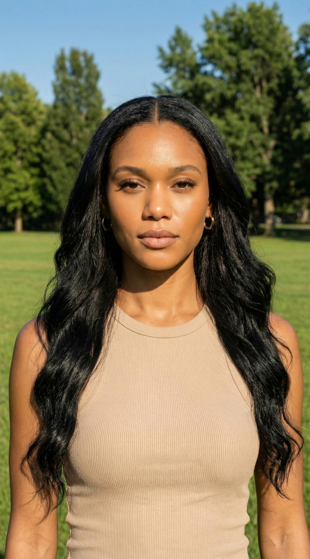 Prompt: Vertical 9:16 handheld smartphone video of a young woman standing in a sunny open park with her small tan wire-haired terrier dog beside her. Bright green grass, leafy trees, clear blue sky.IMPORTANT: The video must begin with 1–2 seconds of natural idle behavior before any major movement.Opening behavior: She is already standing casually, weight slightly on one leg. Her arm hangs relaxed at her side holding a small ball. She blinks naturally once. Subtle breathing movement visible in shoulders. Tiny head adjustment. Very small unconscious posture shift. No sudden movement at the start.The dog stands near her leg, shifting slightly and sniffing the grass naturally.After this natural pause, she casually looks down at the dog and gives a soft half-smile. Then she performs a small, relaxed underhand toss of the ball — smooth shoulder rotation, relaxed wrist, no stiff elbow extension.The terrier runs forward energetically in an organic way — slightly uneven stride timing, natural tail movement, small head bobbing. No looping or repetitive motion.After throwing, she lowers her arm slowly, watches the dog for a brief second, then subtly glances toward the camera and gives a gentle, authentic smile. Not posed. Very small expression change only.Wind: Light breeze moving her hair unpredictably. A few strands cross her face naturally. Dog’s wiry fur moves subtly in wind.Camera: Handheld smartphone feel. Subtle natural shake, micro framing adjustments, slight breathing motion from camera operator. No cinematic stabilization.Motion rules: All movements must be fluid, anatomically correct, and slightly imperfect. Include micro-delays in transitions. Avoid sudden motion at frame one. No stiff gestures. No robotic facial expressions. Natural blinking only.Duration: 8–10 seconds.