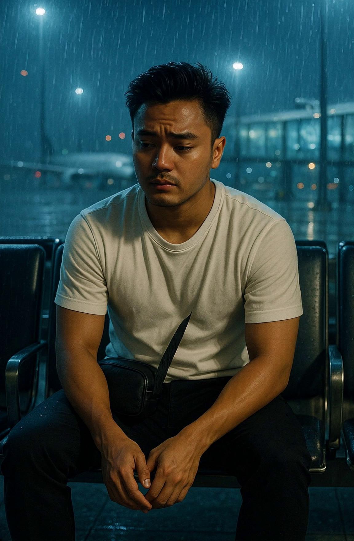 Prompt: A boy sits alone in an airport terminal, feeling deeply lonely.
He wears a plain white shirt and carries a small shoulder bag.
His eyes are filled with sadness as he thinks about the girl who just boarded a plane and left.
Rain pours heavily outside the terminal, blurring the windows with streaks of water.
The camera slowly pushes in, quietly focusing on his face — calm, yet filled with sorrow.
He doesn't move. He has passed the stage of reacting — now only silence remains.

The sound of rain echoes against the terminal glass, distant yet constant.
Time passes slowly.

Eventually, the boy stands and walks out, now sitting again at a roadside bus stop.
Rain is still pouring hard, soaking the empty streets.
He waits… not for the bus, not for someone — but maybe for the pain to ease.