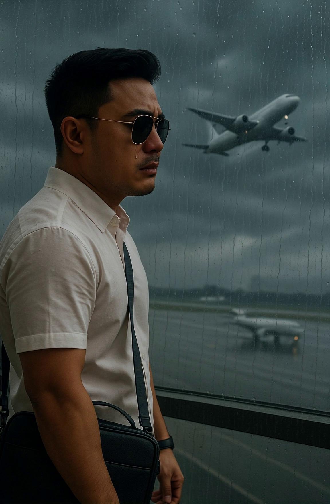 Prompt: A young man wearing sunglasses and carrying a side bag is about to leave the airport. He stands still in the rainy city of Yangon. Rain pours down around him. The camera captures the longing and sorrow etched on his face.

The scene gradually unfolds with slow motion. After a short while, he leaves the airport and walks alone across a rain-soaked road in Yangon. The surroundings are darkened—Yangon's bridges, trees, and the golden Shwedagon Pagoda loom in the background under the gloomy sky. A few silhouettes with umbrellas appear in the distance.

The atmosphere is emotional, quiet, and deeply reflective.
He holds an umbrella in his hand.