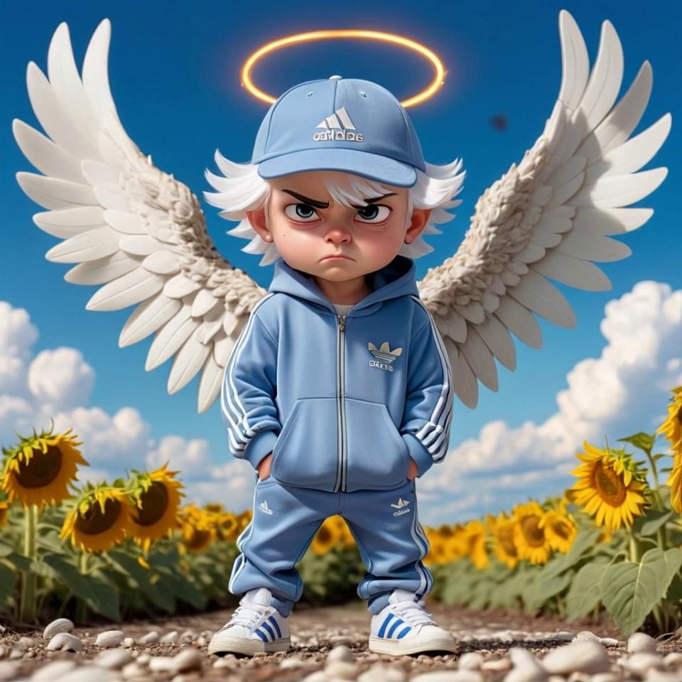 Prompt: A little angel takes out a pink Chupa Chups lollipop from one of his pockets and licks the pink Chupa Chups lollipop with his tongue and turns around his axis