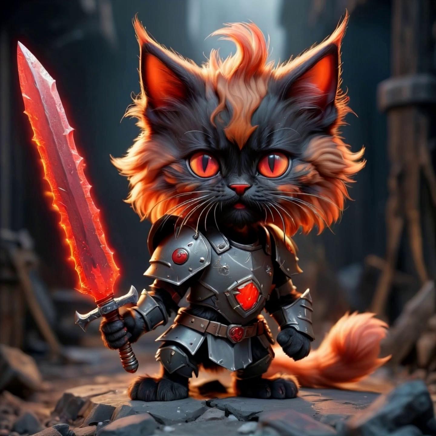Prompt: The kitten makes three swings of the sword
