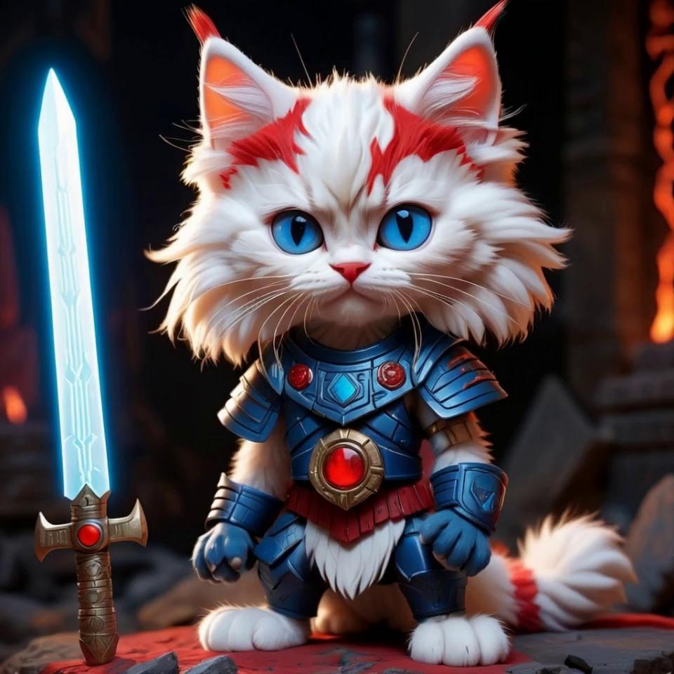 Prompt: The kitten swings its sword and then suddenly cuts the air with the sword