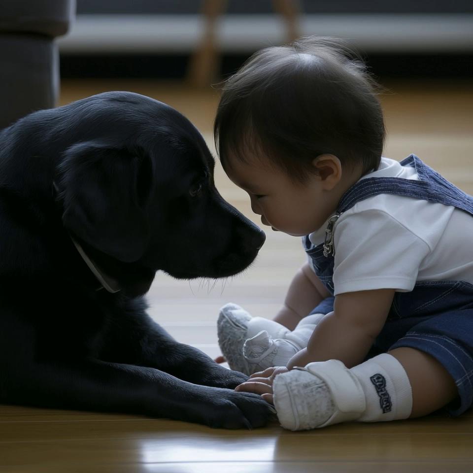 Prompt: 心配そうに赤ちゃんを見つめるラブラドールが赤ちゃんを優しく抱きしめる