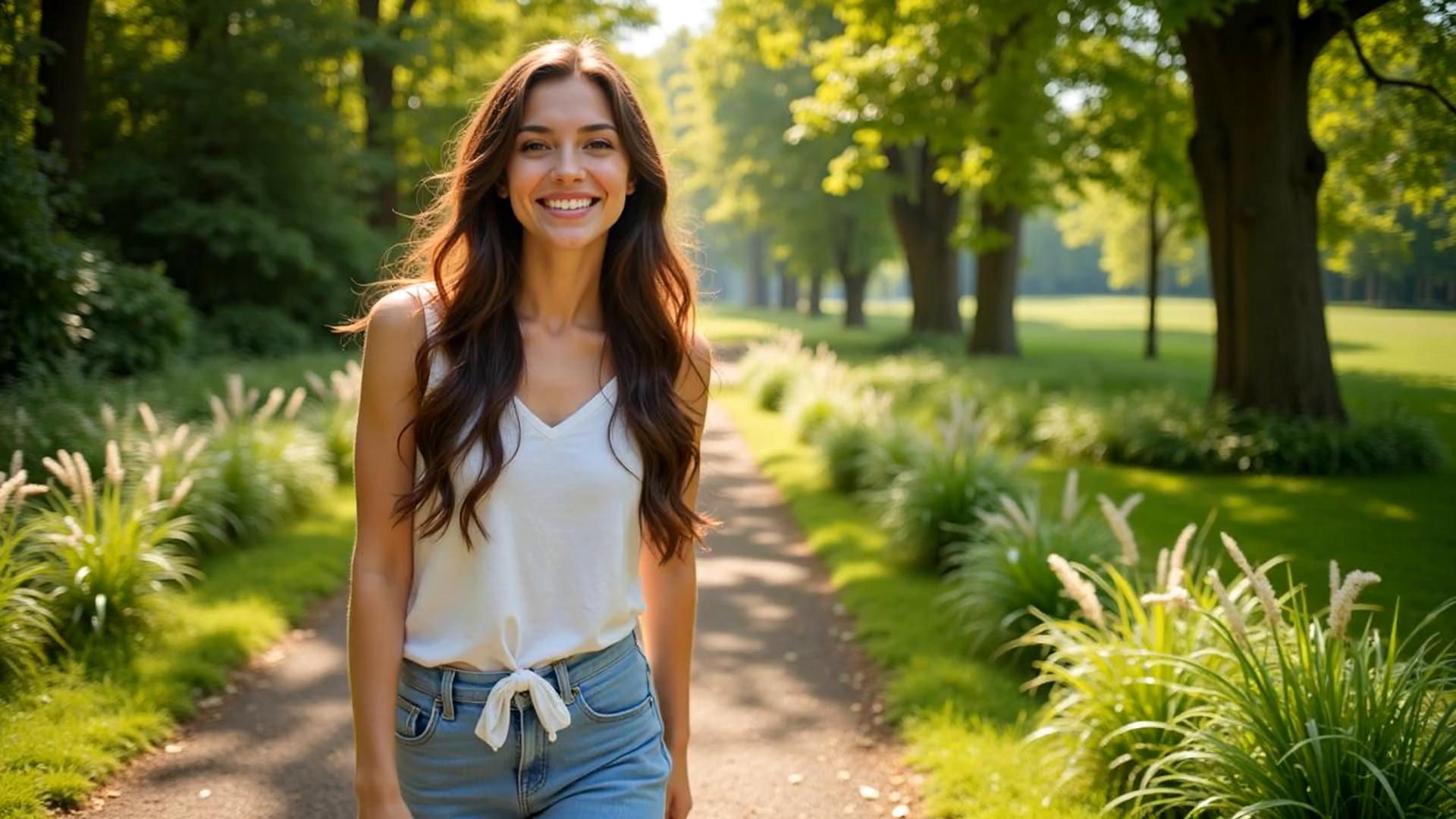 Prompt: "A serene outdoor setting bathed in warm sunlight, evoking a cheerful and uplifting mood. A smiling woman walks peacefully, enjoying the fresh air and the gentle warmth of the day. The surroundings are vibrant yet calm—lush greenery, soft breeze, and clear blue skies enhancing the tranquil atmosphere. The scene should capture the essence of a relaxed and joyful stroll, with natural lighting creating a cozy and welcoming ambiance."

Let me know if you'd like any modifications or additional details! ☀️😊🚶‍♀️