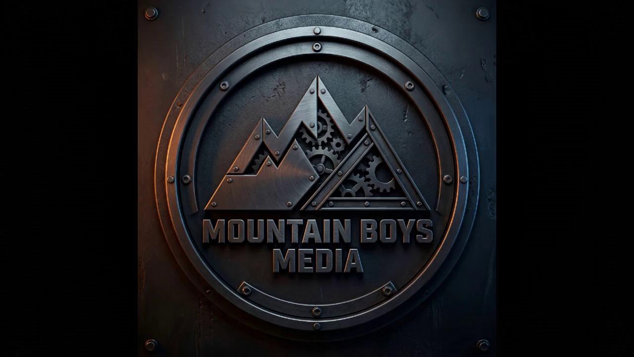 Prompt: Enhanced cinematic version:
Create a visually stunning industrial intro from the provided Mountain Boys Media logo. Open in darkness on a cold steel wall with floating dust and faint atmospheric smoke. A narrow beam of light slowly sweeps across the circular metal emblem, revealing its heavy forged construction. The gears inside the mountain symbol begin rotating with deliberate mechanical precision, as if a powerful machine is coming online. Subtle sparks drift through the frame and orange forge-like reflections pulse across the steel, contrasted by cool blue edge lighting. The camera slowly pushes inward as metallic glints travel across the logo’s beveled edges. The bold text “MOUNTAIN BOYS MEDIA” emerges from shadow, crisp and imposing. The overall feeling should be powerful, rugged, cinematic, and premium — like a forged brand identity built from steel, grit, and machinery. End on a strong hero frame with the logo fully revealed and the gears continuing a subtle slow rotation.