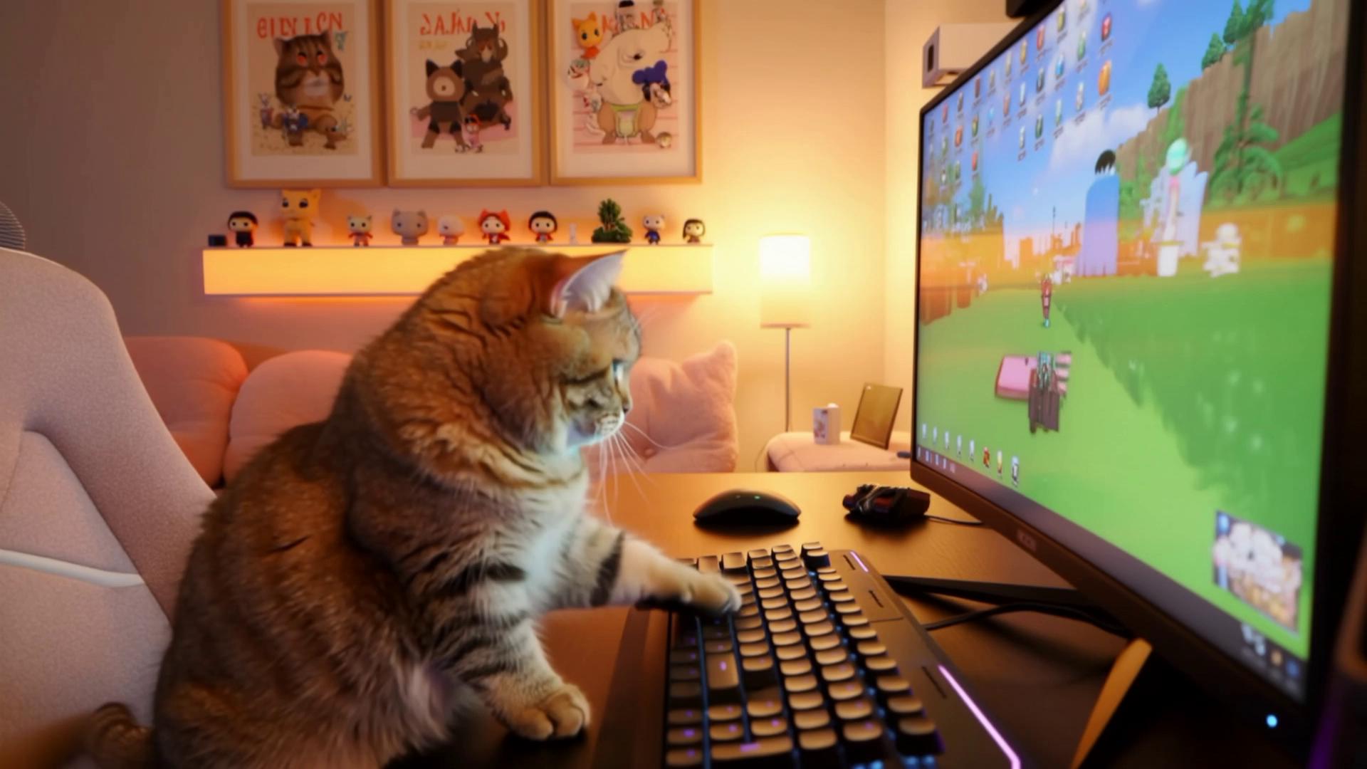Prompt: Create a charming video featuring a cute cat sitting in a cozy gaming room, enthusiastically playing Minecraft on a PC. The scene should show the cat interacting with the keyboard and screen, with playful graphics from the game displayed. The gaming room should be warm and inviting, decorated with soft pillows, warm lighting, and cat-themed decorations. Include playful background music to enhance the atmosphere.