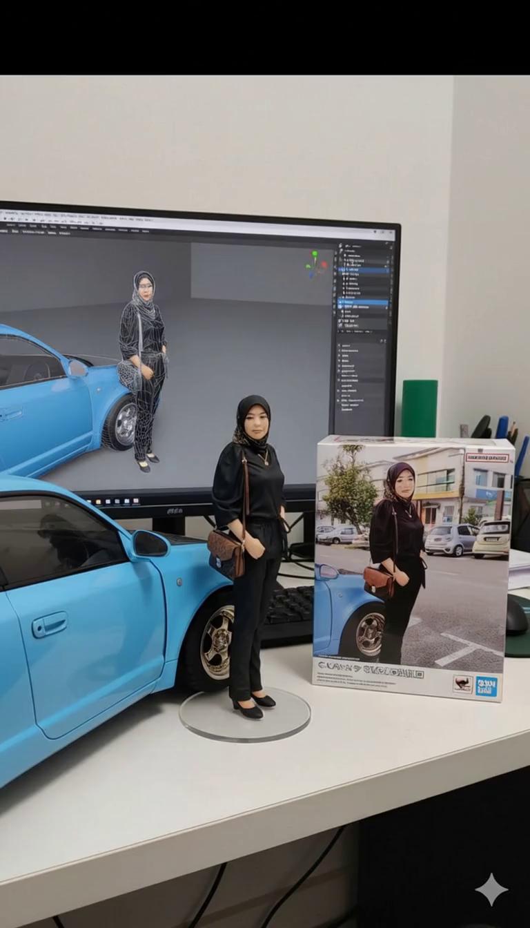 Prompt: Nure two hand gently pick up the figure on the frame and rotate it slightly for inpection.the model in the packaging box remain stationary,while all other background elements stay unchanged.