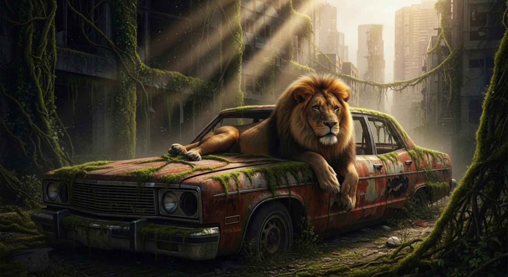 Prompt: Ultra-realistic cinematic post-apocalyptic wildlife scene. A powerful male lion is resting on the hood of an abandoned, rusted car in an overgrown city. Thick green vines and moss cover the car and surrounding buildings. The lion begins fully lying down, then slowly pushes himself up using his front legs, rising to a standing position on the car hood with heavy, realistic movement. Muscles shift naturally under the fur. After standing, the lion carefully steps down from the hood, placing one paw on the ground, then the other, and walks away calmly through the overgrown street. Tail sways naturally. Subtle chest breathing visible throughout. Dust particles float in the air as soft golden sunlight breaks through ruined skyscrapers, creating dramatic light rays. Extremely realistic fur movement, muscle weight, skin detail, and natural lighting. Slow, cinematic motion. Photorealistic, emotional, documentary-style realism, 8K quality.