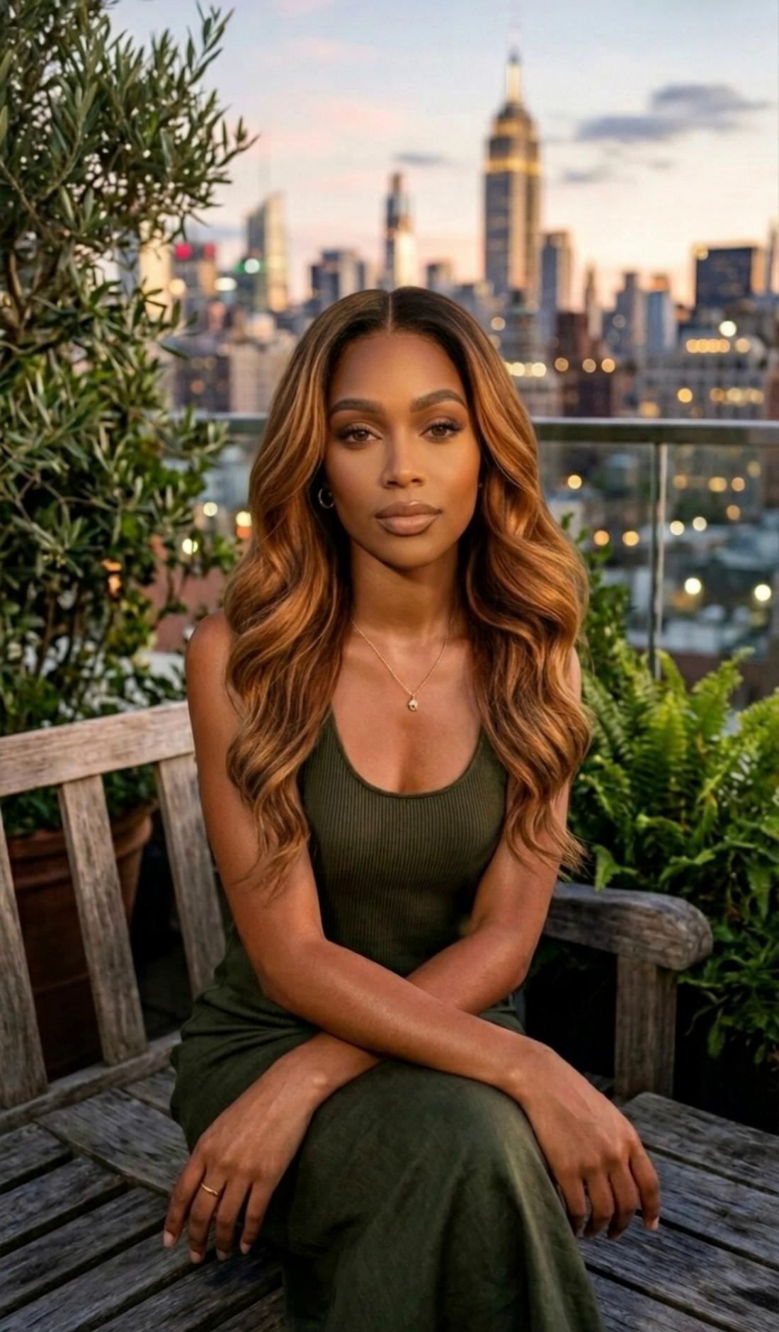 Prompt: Hyper-realistic cinematic video of Lumi Kai sitting on a rooftop bench overlooking a glowing city skyline at sunset. Maintain her exact face, skin tone, hair, and green dress from the reference image with no changes to identity.Movement 3: Lumi gently crosses one leg and leans back slightly on the bench, letting the breeze move her hair while she looks out toward the skyline as if reflecting.Golden hour lighting transitioning into city lights, subtle wind movement, shallow depth of field, cinematic fashion editorial style, natural skin texture.