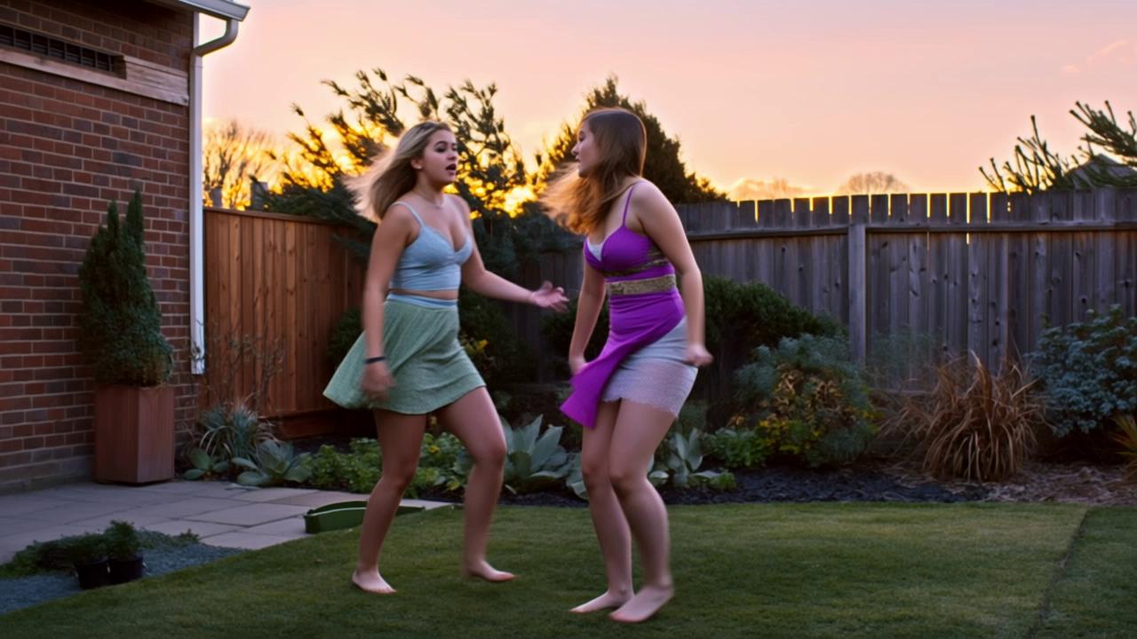 Prompt: An argument between two drunk young woman in bath Jen skirts and barefoot , in a back yard. Wind blasts their sun dresses and the sunset flares behind, casting golden rim lights Enhanced prompt
