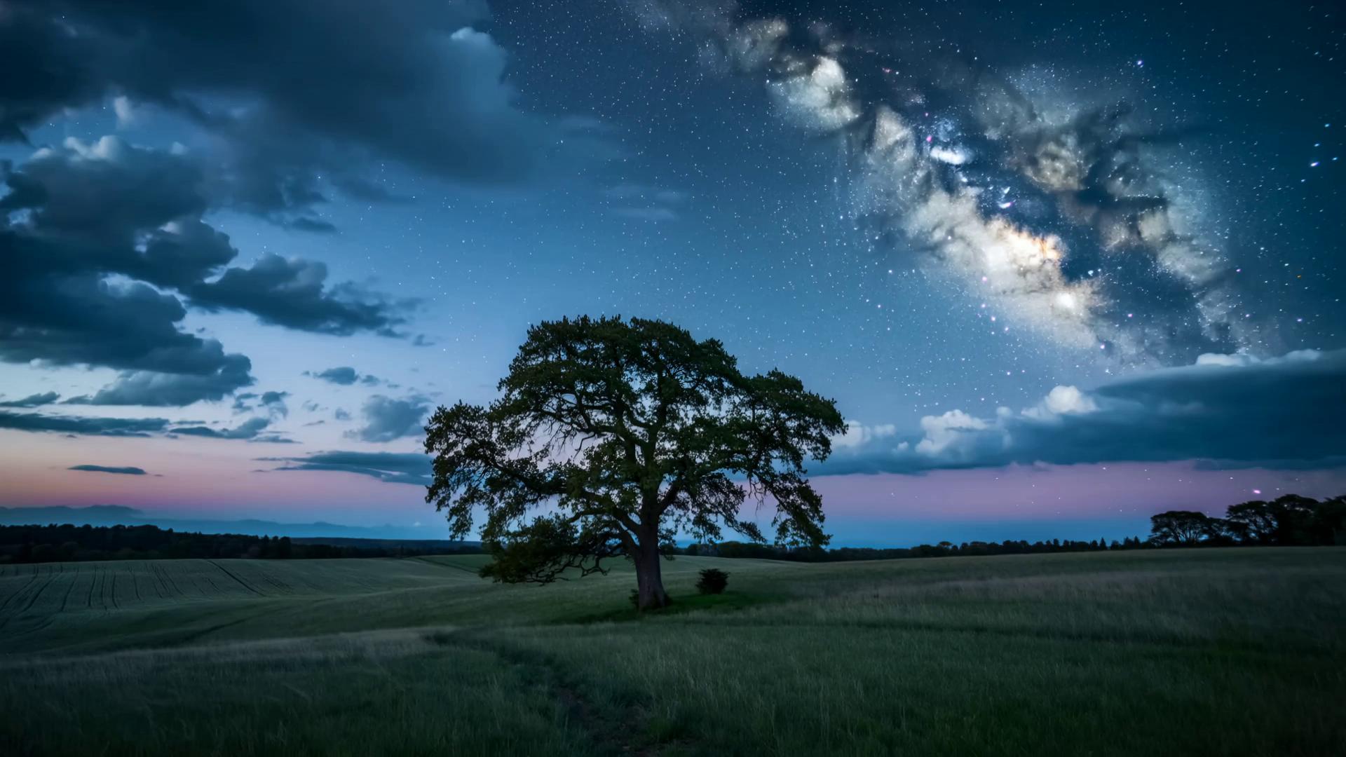 Prompt: The scene opens on a wide, open pasture, gently rolling with darkened summer grass. A large, slightly off-center tree leans into the frame — its branches still, but faintly rustling at the tips from an unseen breeze. The night is quiet and cool, with the sense of late summer air hanging softly around everything.

Above the horizon, a pale, low-hanging moon glows with a soft ivory hue — not yet full, but luminous against the twilight sky. Just above it, stretching faintly into the upper frame, is a hazy band of the Milky Way, barely visible but clearly there — a ribbon of stars whispering across the heavens.

The sky is a deep blue-black, but under the distant clouds, there’s a gentle gradient of rosy pink and dusty lavender — the echo of a sunset that’s just behind the viewer. These colors lightly edge the cloud bottoms, giving them an ethereal, almost glowing texture.

Throughout the loop:

The clouds drift slowly, almost imperceptibly.

A few crickets chirp in the background (audio optional).

The grass subtly shifts, catching the cool breeze.

The moonlight glints faintly off the upper branches of the tree, casting soft silver highlights.

The loop ends and restarts with no sharp movement — just a seamless continuation of a peaceful, dreamlike summer dusk.