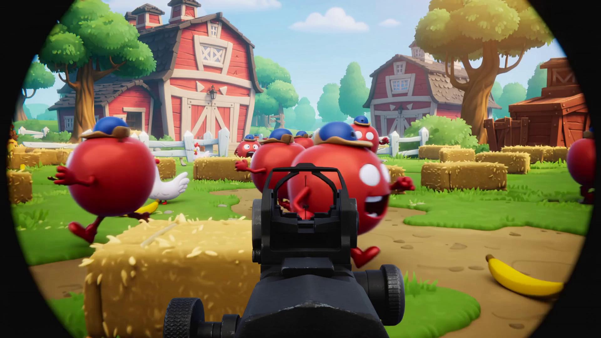 Prompt: A short, comedic video clip from a first-person sniper game called Apple Sniper Elite. The scene takes place on a bright, slightly-pixelated cartoon-realistic farm with oversized barns, goofy chickens, and exaggerated props.
The camera is in sniper-scope POV with a wobbling, dramatic zoom-in effect.
On the farm, dozens of cartoon apples with tiny legs and expressive faces are sprinting around chaotically—tripping over hay bales, hiding behind fences, peeking out, waving little arms, and screaming silently as the sniper aims at them. Some apples wear tiny helmets or farmer hats.
Each time the sniper gets close to a shot, an apple slips on a banana peel or ducks at the last second in an overly dramatic way.
Add silly sound effects: boings, whooshes, exaggerated footsteps, and chickens reacting.
Visual style: semi-realistic environment with a slightly pixelated retro-shader, but characters are comedic and animated like a parody shooter.
Tone: fast-paced, slapstick, chaotic, and meme-friendly with bright colors and playful energy.