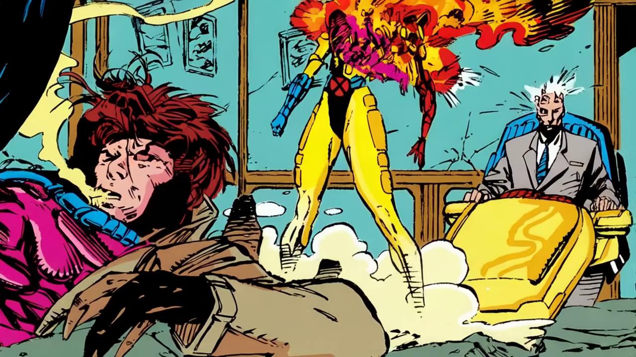 Prompt: Gambit breaths smoke out with two robots on fire behind him