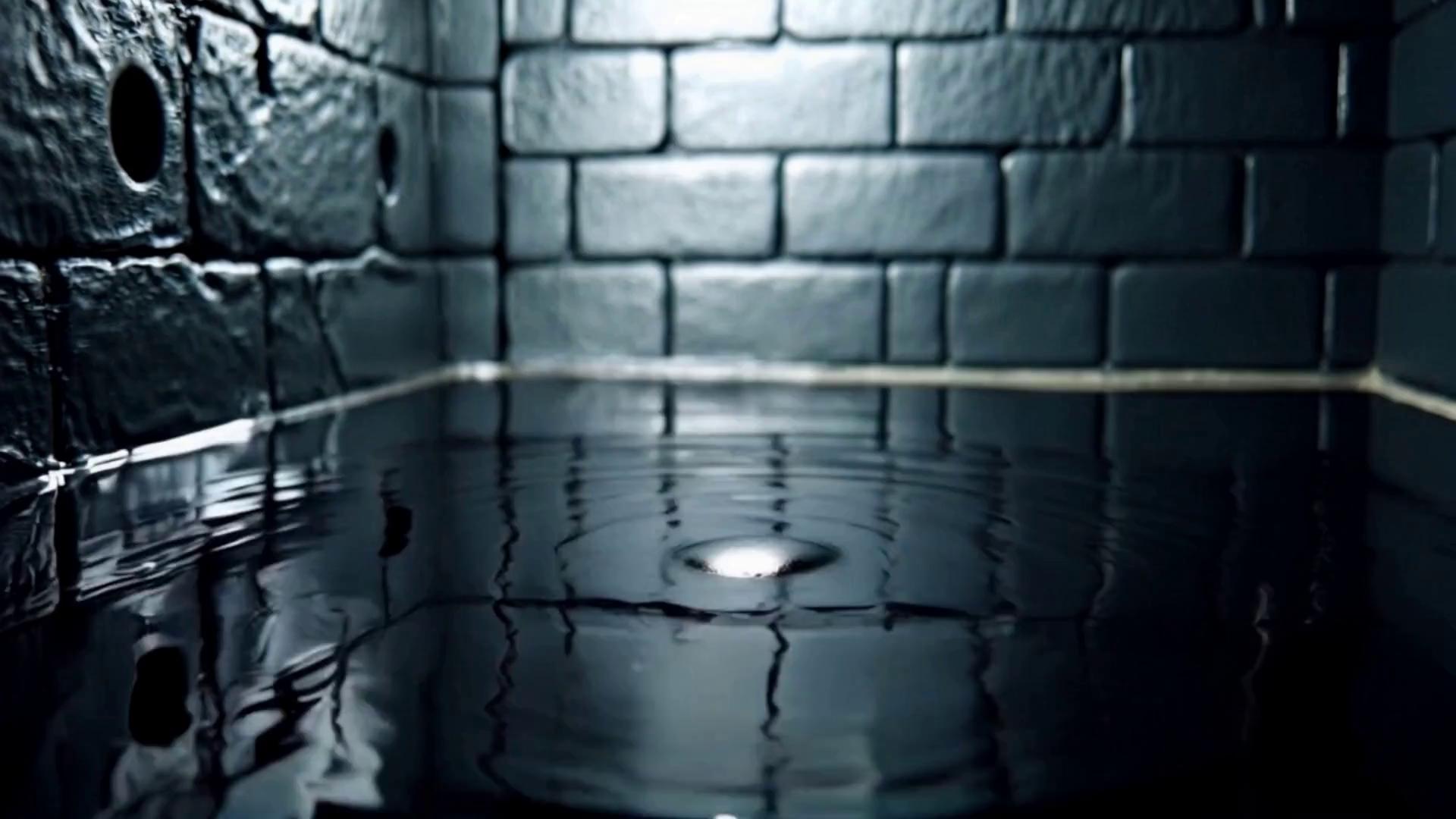 Prompt: Female shadow-creature with solid silver eyes and inky black skin emerges out of an inky black pool in a dark brick container. Fog everywhere. Cinematic photorealism.