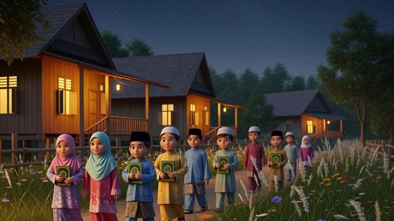 Prompt: A dark night scene in a traditional Malay village  house (kampung). a few wooden houses stand under a starry sky, with the stars filling the air. Along the path, tall  grass and flower plant  sways gently in the breeze. A group of happy children are running together  on their way home from religious class.The girls are wearing colorful baju kurung and tudung, and the boys are in baju melayu with kopiah. all of them bring their quran . The scene evokes a sense of peaceful community and nostalgia. Cinematic, warm lighting, hyper-detailed, 
the sound of girls  and boys laughing and talking in malay while running and playing together. the flower plant and  grass sways gentle in the breeze