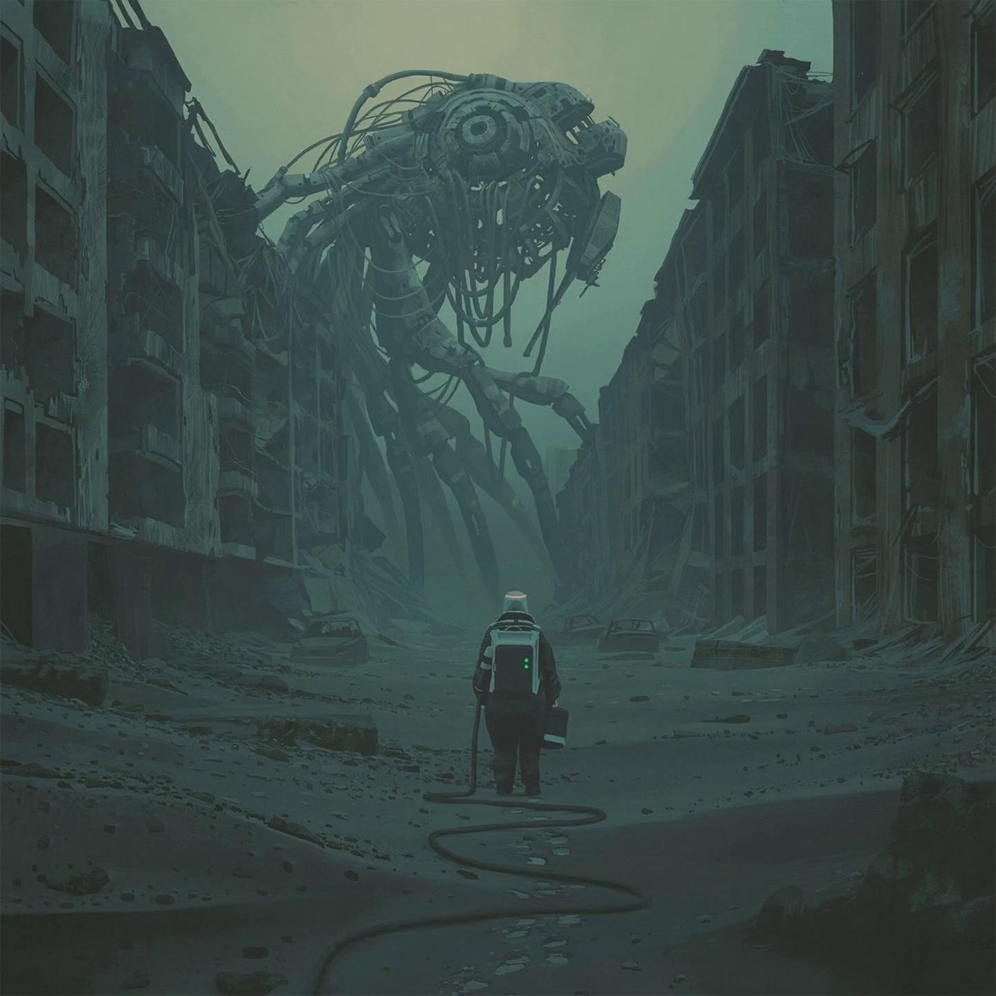 Prompt: A desolate landscape of a ruined shopping street unfolds. The camera is completely fixed and unmoving (fixed shot). In the center of the frame stands a lone figure equipped with industrial gear. This person is connected to the ground or an unseen power source by several thick cables attached to their body. In the distant background, glimpsed through the gaps between ruined buildings, a colossal machine appears. This massive machine is adorned with countless dangling wires and cables and slowly, heavily, walks from left to right across the horizon. The central figure remains motionless, staring intently at the giant machine. As the machine gradually disappears from sight, the person slowly sinks to the ground where they stand, as if utterly drained of energy. The entire scene is imbued with a desperate yet peculiar stillness and quiet.