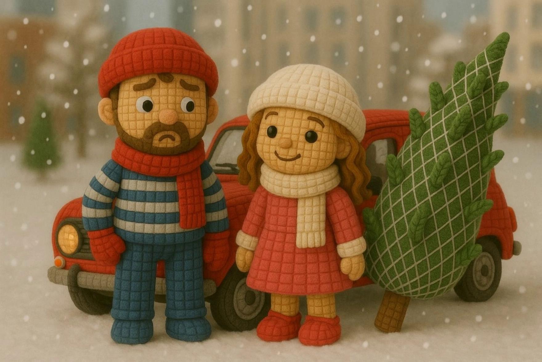 Prompt: These are Angelica and Marko. They bought the christmas tree, they have to take it home. When theyreached their car, Marko grabbed his head when he realized howbig the tree was and that it wouldn't fit in the car. Angelica washighly amused by all of this. She especially found it funny thatTata got pricked while carrying the tree.