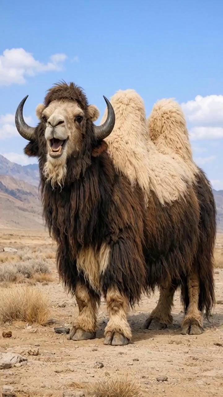 Prompt: This animal walking slowly and aimlessly in the desert. Stopping to eat a bush and sitting suddenly. Walking in the other direction slowly.