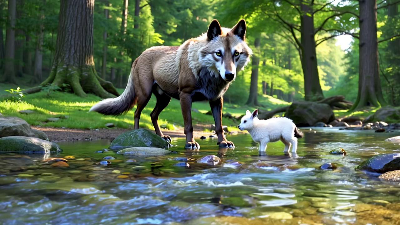 Prompt: A realistic illustration of a sly wolf and a small innocent lamb drinking water from a clear stream in a lush green forest. The wolf looks mischievous while the lamb appears calm and unaware. Bright daylight, detailed, vibrant colors.