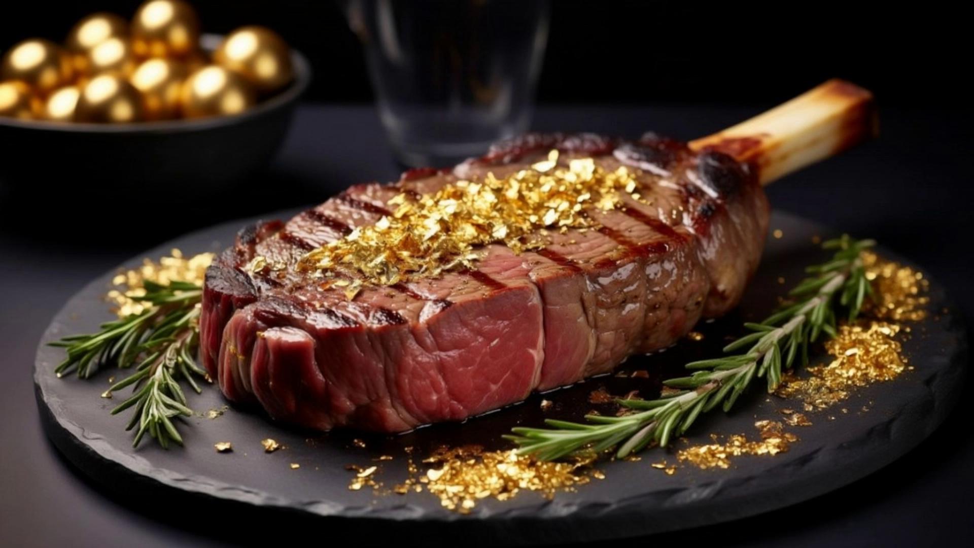 Prompt: The steak is sprinkled with gold leaf from above the frame