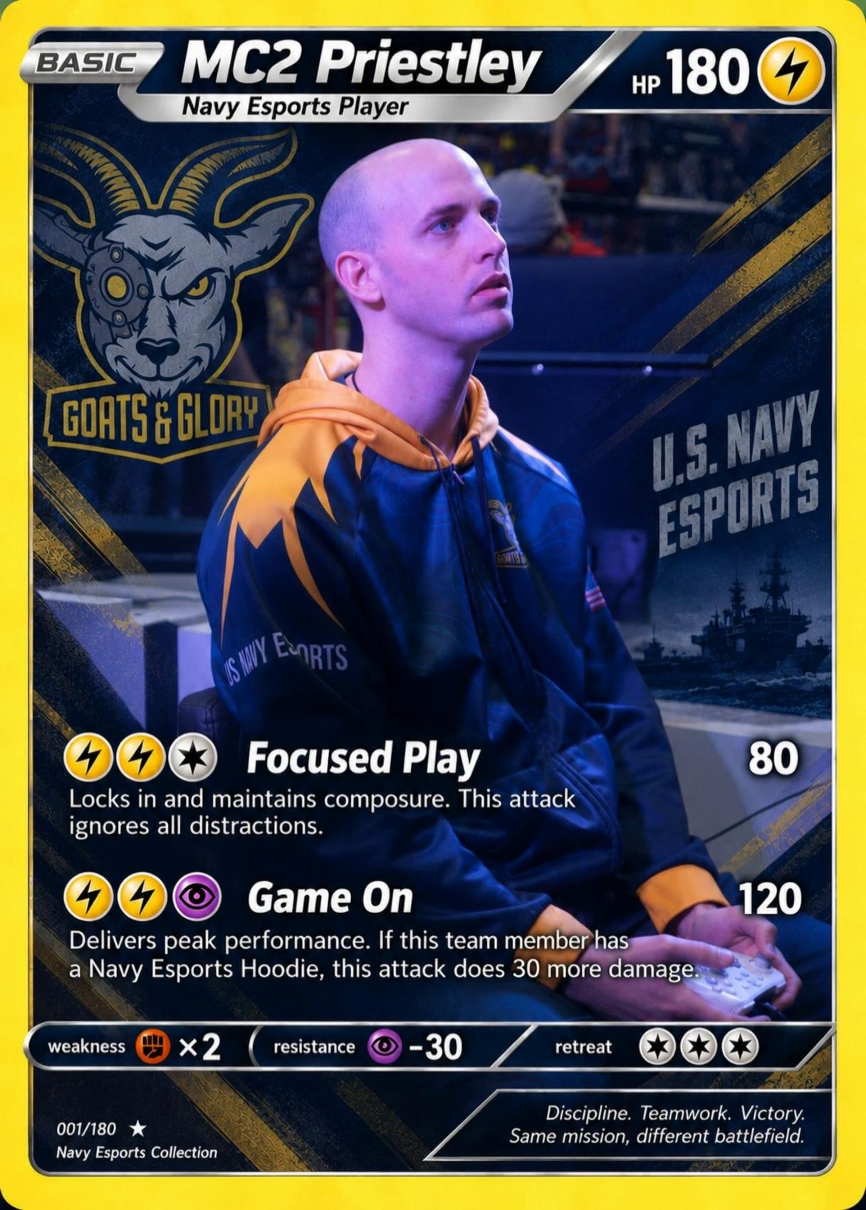 Prompt: Electric BorderYellow outer border gets a subtle electric pulse.Lightning symbol near the HP flashes once.Gold Energy SweepA soft gold shimmer travels across the diagonal gold streaks from bottom-left → top-right.Keep it subtle rather than making the entire card glow.Goats & GloryLogo gets a quick gold highlight sweep.Eyes briefly glow gold.PriestleyVery slight slow push-in/parallax on him.Keep the person essentially still—no artificial talking or body movement.Navy AtmosphereVery subtle movement in the background: haze/light movement around the esports venue and ship.Tiny blue light pulse behind him.Finish"U.S. NAVY ESPORTS" gets a faint illumination.Everything settles back into the original card for a clean loop.Main rule: Don't animate the attack text, stats, or small card details. The animation should make the card feel alive without looking like a video pasted into a Pokémon card.