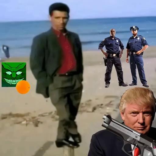 Prompt: The man falling down then donald trump tries to shoot him but explodes then the green monster will go to him and tackle him then kiss him then polices arrest him and the green monster kicks the police man cause its his favorite friend.